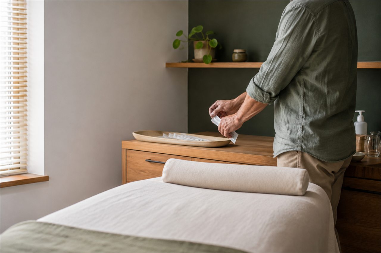 Voorbereiding van een rustige behandelruimte voor acupunctuur